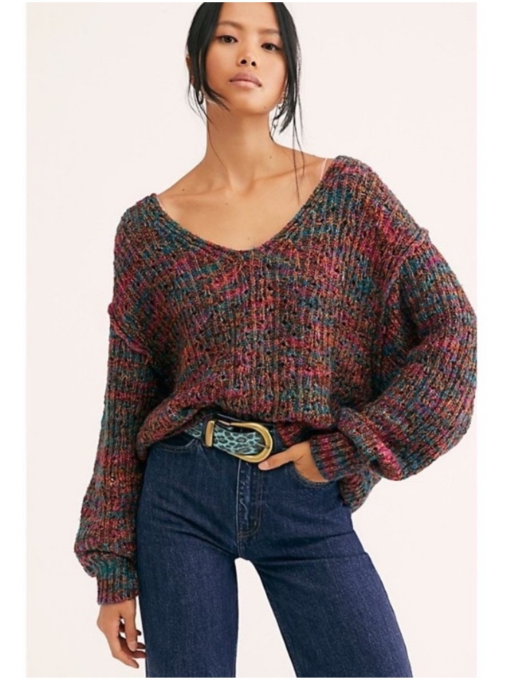 Free People Highland V-Neck Sweater Chunky Knit Multicolor Boho Oversized M